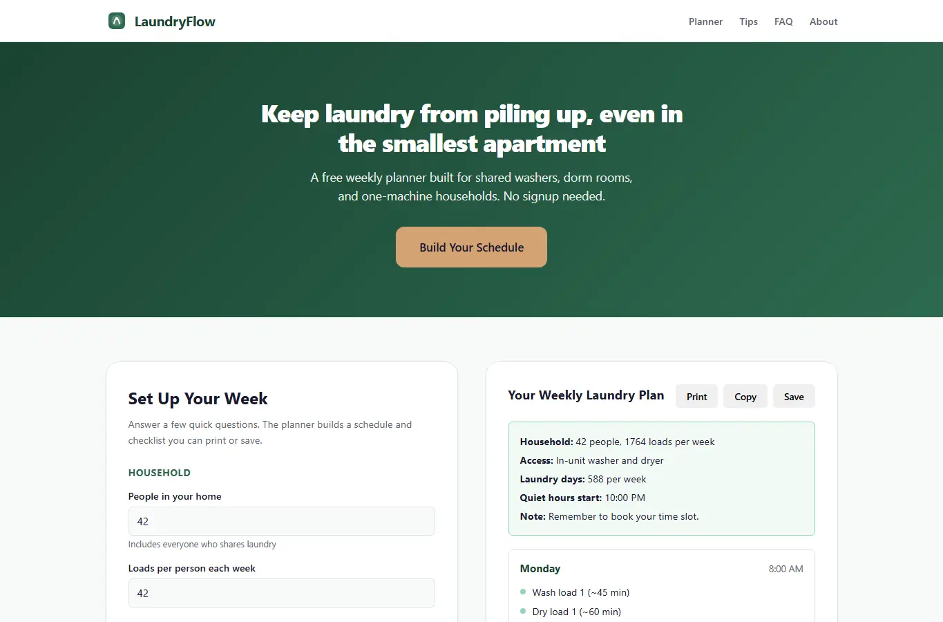 Screenshot of LaundryFlow: Small-Space Laundry Planner interface showing the project page in use